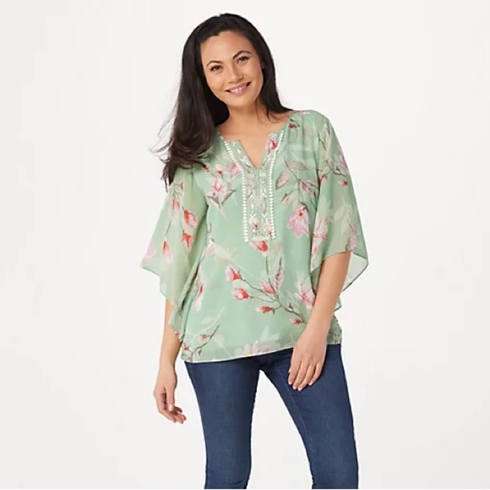 Flutter sleeve embroidered V-neckline blouse Belle by Kim Gravel.